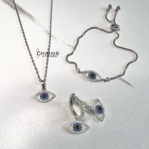 Necklace, Earrings, & Bracelet SET, Turkish Evil Eye Silver zircon blue eyes 🧿